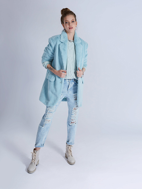 Бирюзовый однобортный жакет из эко-меха, 6