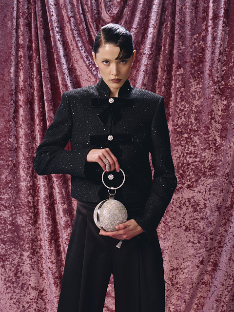 Черный твидовый жакет с бантом, 2