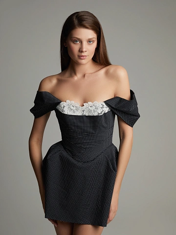 Черное платье-мини из хлопка в горошек с кружевом, 2