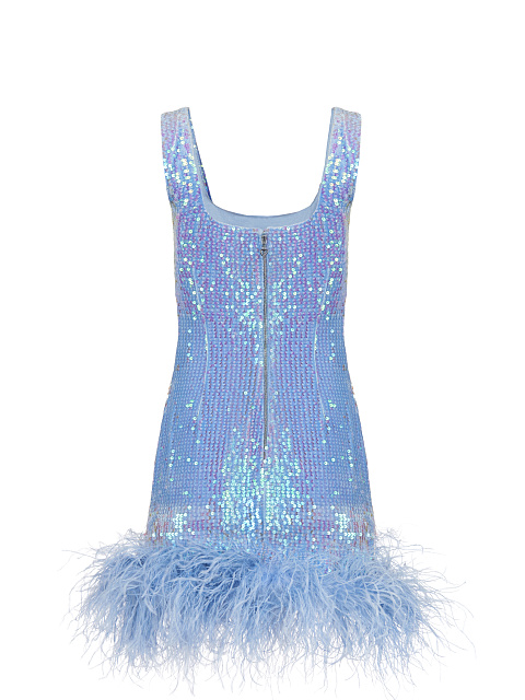 Голубое бархатное платье-мини в пайетках с боа, 2