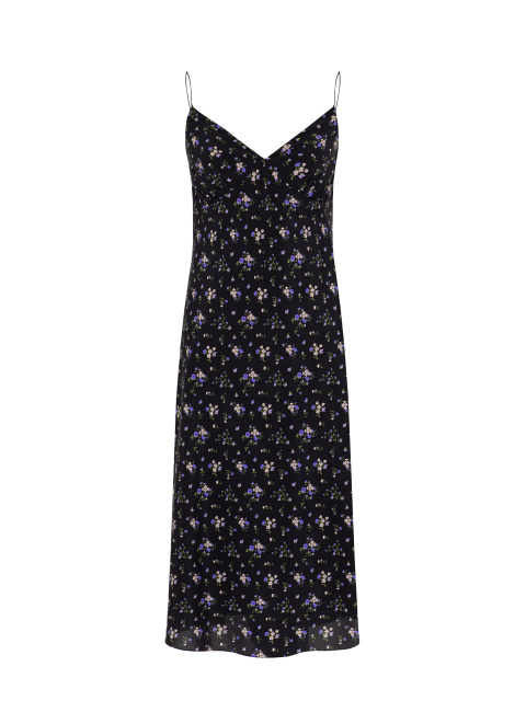 Черное платье-миди из шелка с цветочным принтом и завязками, 1
