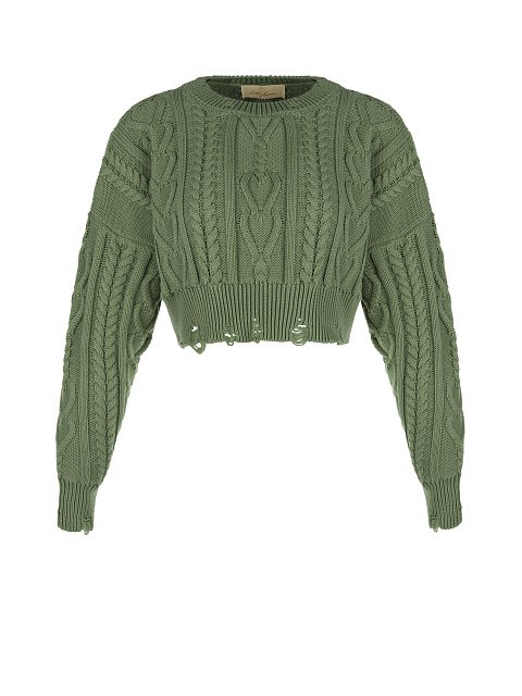 Укороченный темно-зеленый свитер с косами, 1