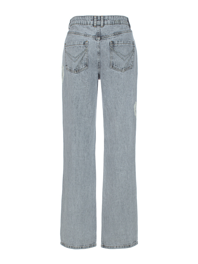 Расклешенные светло-серые джинсы с декором из кружева, 2