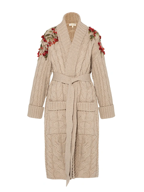 Бежевое вязаное пальто с вышивкой в виде рябины, 1