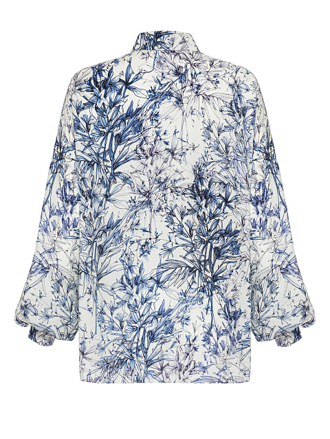 Белая блузка из шелка с синим цветочным принтом, 2
