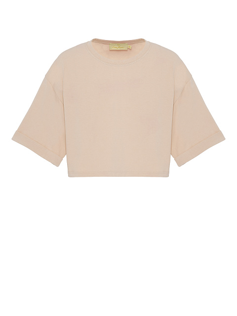Светло-бежевая укороченная хлопковая футболка, 1 Светло-бежевая укороченная хлопковая футболка, 1