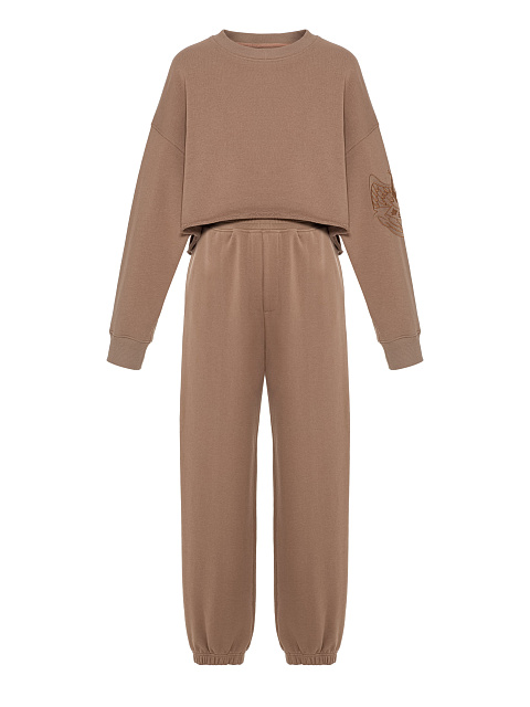 Бежевый трикотажный костюм с вышивкой Peace, 1