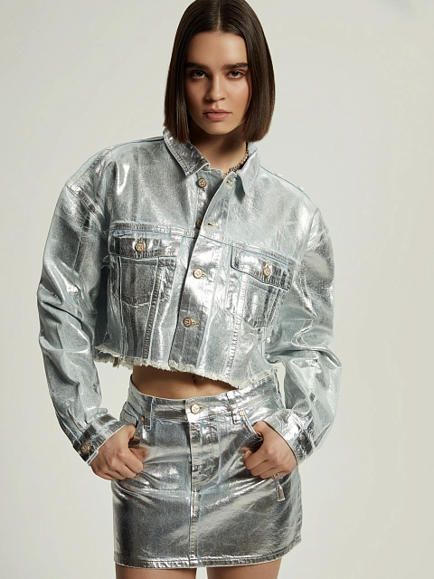 Голубая укороченная джинсовка с серебряным напылением, 4