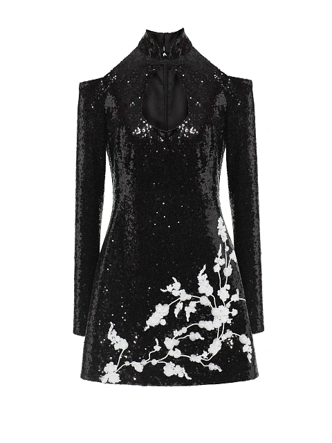 Черное платье-мини с пайетками и цветочной вышивкой, 1