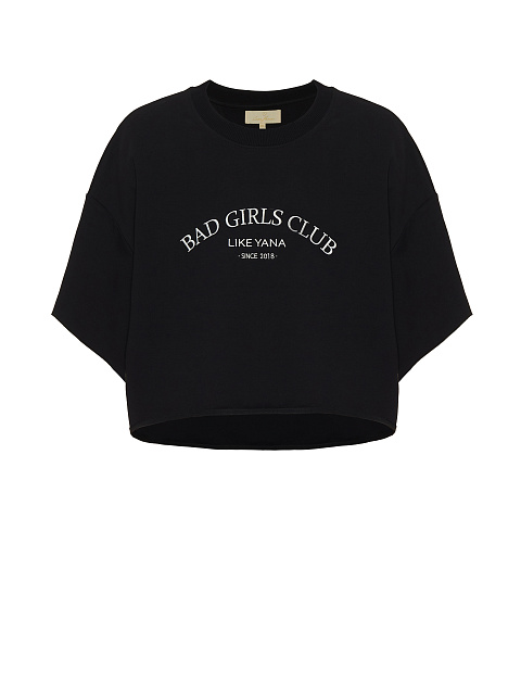 Черная укороченная футболка с вышивкой, 1