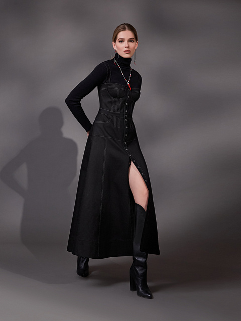 Черное платье-миди из денима с контрастными швами, 5