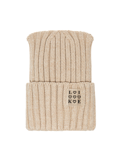 Бежевая вязаная шапка с нашивкой Like, 1