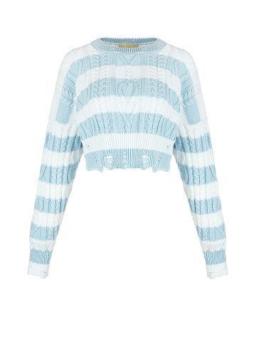 Укороченный хлопковый свитер в бело-голубую полоску, 1