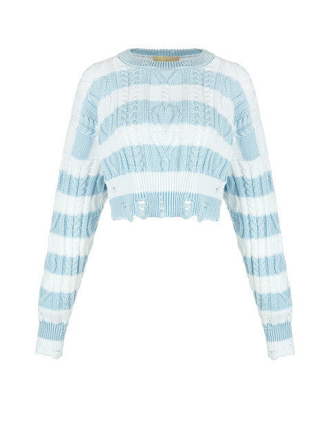 Укороченный хлопковый свитер в бело-голубую полоску, 1