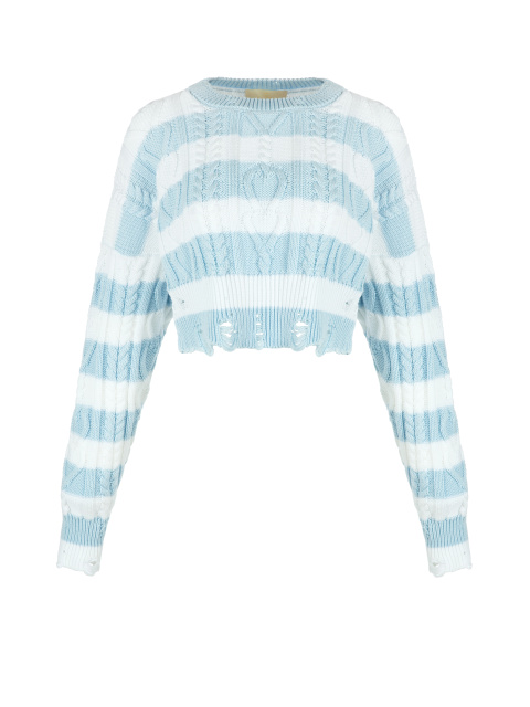Укороченный хлопковый свитер в бело-голубую полоску, 1