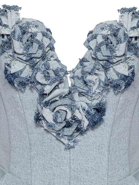 Голубое платье-мини из вареного денима с розами, 4