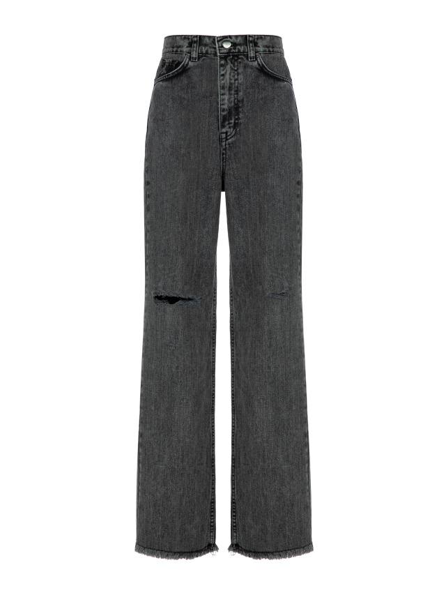 Расклешенные темно-серые джинсы с бахромой, 1