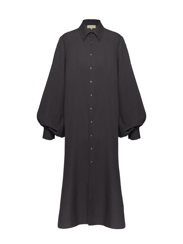 Черное хлопковое платье-рубашка с объемными рукавами, 1