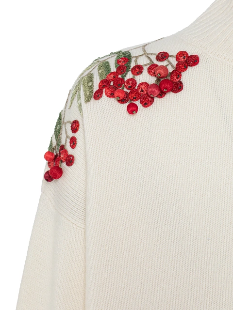 Белый кашемировый свитер с вышивкой в виде рябины, 3 Белый кашемировый свитер с вышивкой в виде рябины, 3