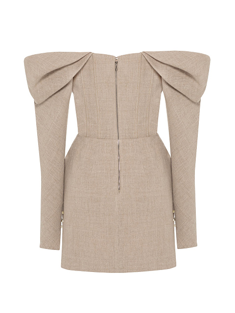 Бежевое платье-мини с открытыми плечами из льна, 2 Бежевое платье-мини с открытыми плечами из льна, 2