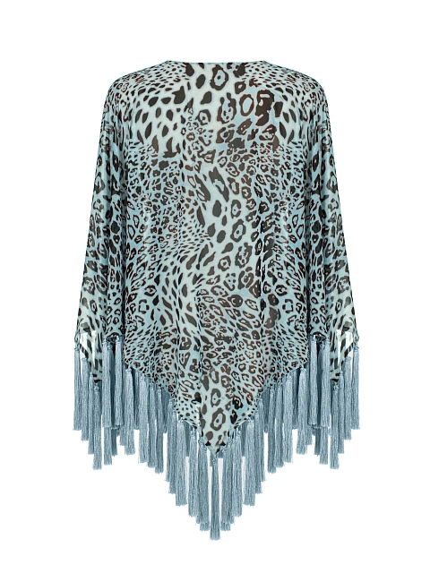 Голубое пончо из шифона с леопардовым принтом и бахромой, 2