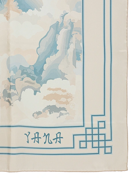 Бежевый шелковый платок с голубым принтом, 2