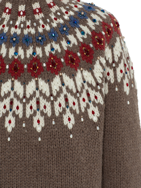 Коричневый кашемировый свитер с узором и жемчугом, 3