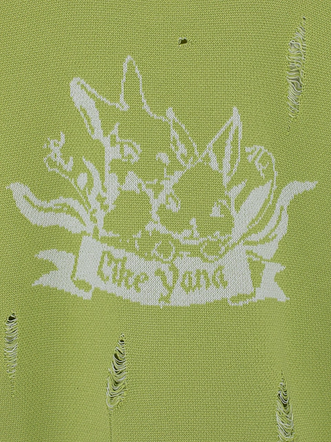 Салатовый свитер из хлопка с принтом и дырками, 3