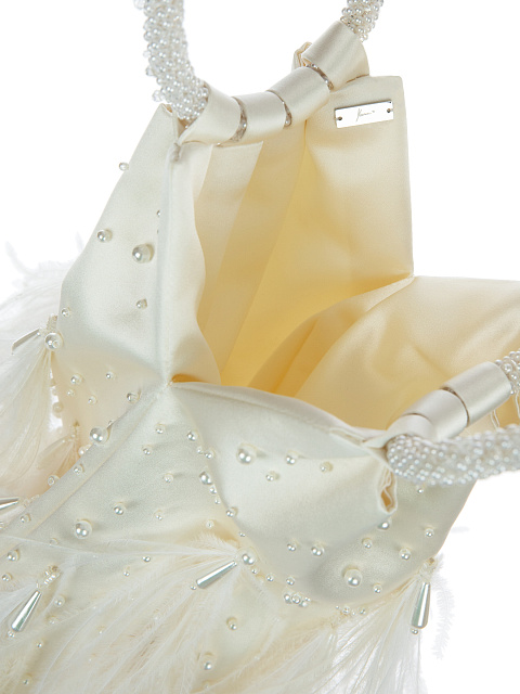 Белая сумка из шелка с жемчугом и перьями, 3