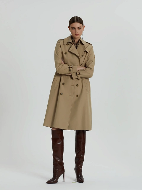 Бежевый двубортный тренч с поясом, 7