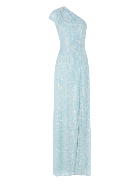 Голубое платье-макси с асимметричным топом и высоким разрезом, 1