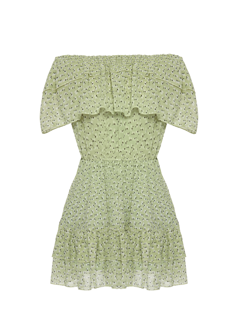 Светло-зеленое шифоновое платье-мини с открытыми плечами, 1