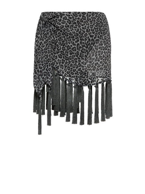 Серая юбка-мини из шелка с леопардовым принтом и бахромой, 1