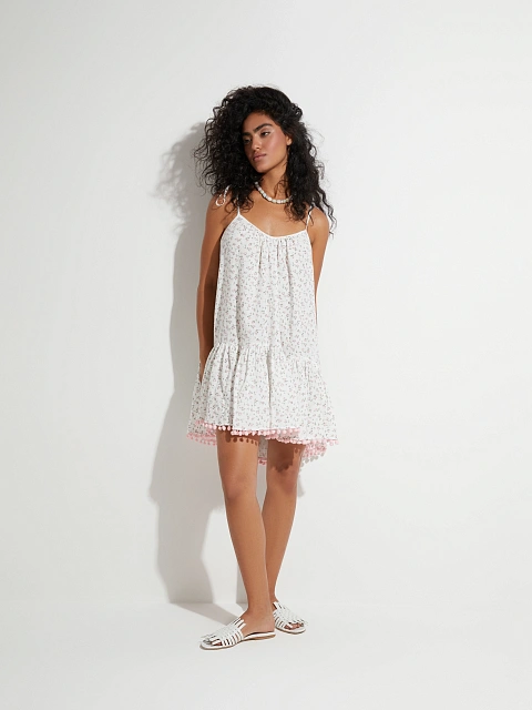 Белое платье-мини из муслина с розовым принтом и открытой спиной, 6