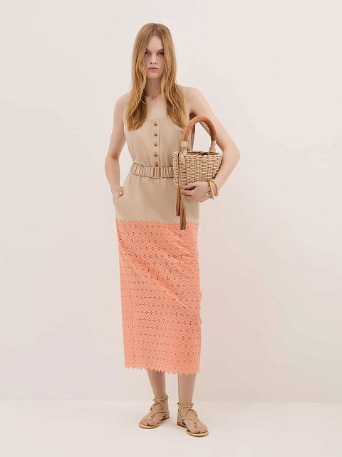 Льняное платье-миди с персиковым шитьем, 2