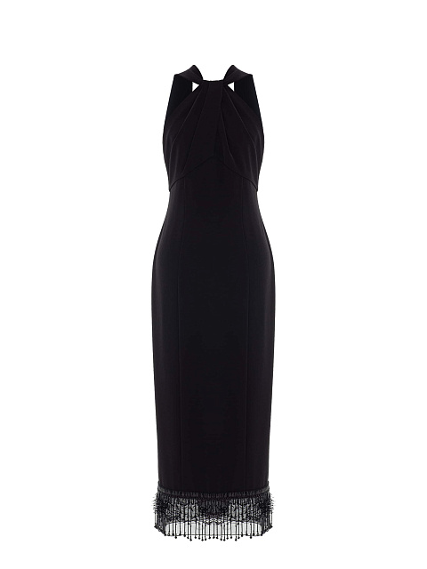 Черное платье-миди с открытыми плечами и бахромой, 1 Черное платье-миди с открытыми плечами и бахромой, 1