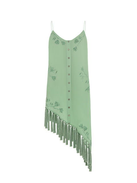 Зеленое асимметричное платье-мини с вышивкой, 1