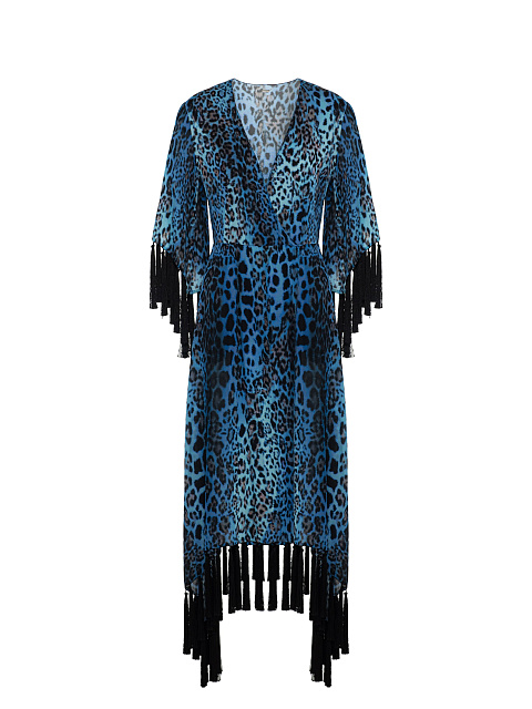 Синяя туника с леопардовым принтом и бахромой, 1 Синяя туника с леопардовым принтом и бахромой, 1