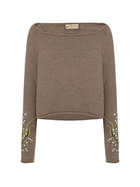 Коричневый укороченный пуловер из кашемира с вышивкой, 1