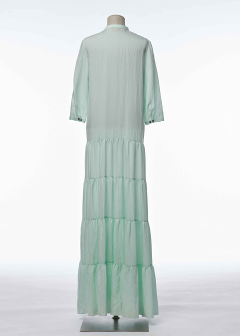 Платье из мятной вискозы, отрезное по бедрам, четыре яруса, лиф со складками, кнопки, 1