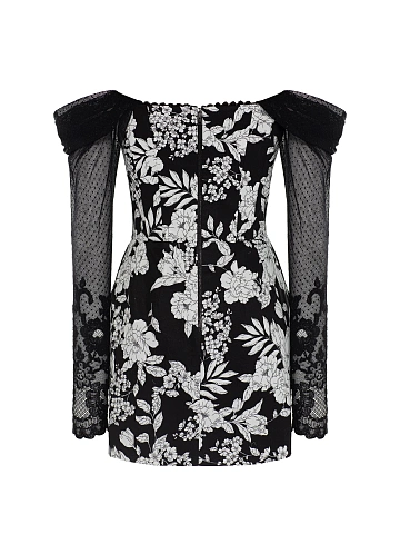 Черное платье-мини из хлопка с цветочным принтом и кружевными рукавами, 2