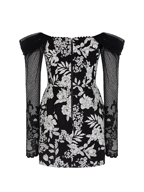 Черное платье-мини из хлопка с цветочным принтом и кружевными рукавами, 2