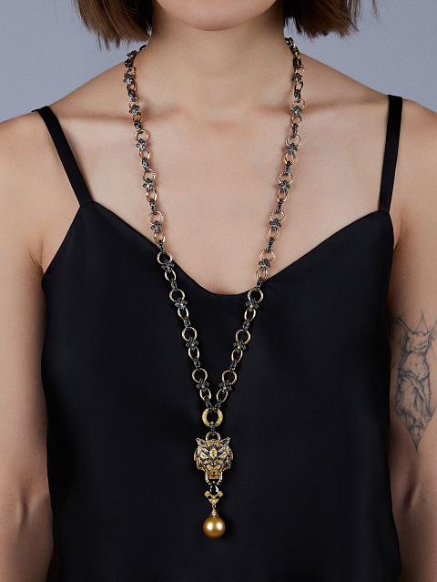 Колье с кулоном в виде тигра из золота, черных и желтых бриллиантов и жемчуга, 6 Колье с кулоном в виде тигра из золота, черных и желтых бриллиантов и жемчуга, 6