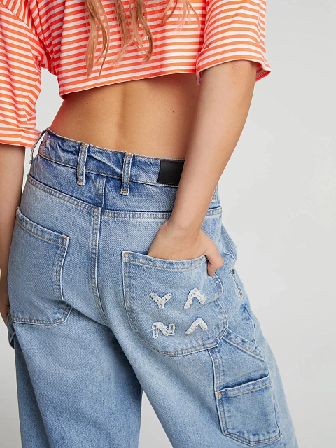 Широкие голубые джинсы из хлопка с нашивкой, 6