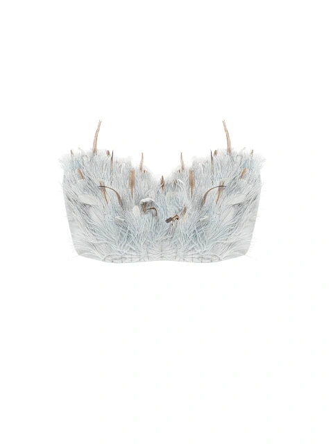 Серое платье-макси из шелка с драпировкой и перьями, 6