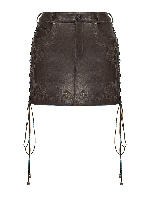 Коричневая кожаная юбка-мини с декоративной шнуровкой, 1