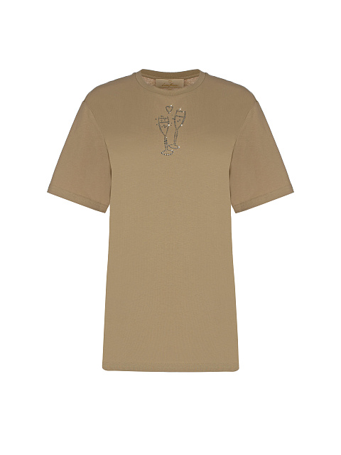 Коричневая хлопковая футболка со стразами, 1