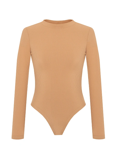 Темно-бежевое боди с длинным рукавом и круглым вырезом, 1
