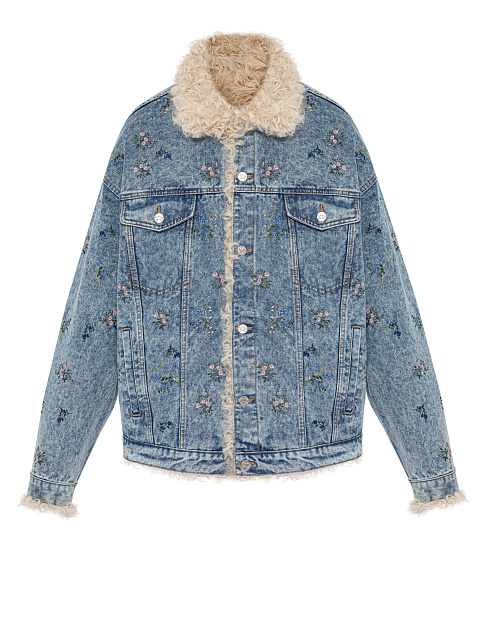 Синяя куртка из денима с подкладом из овчины и цветочной вышивкой, 1