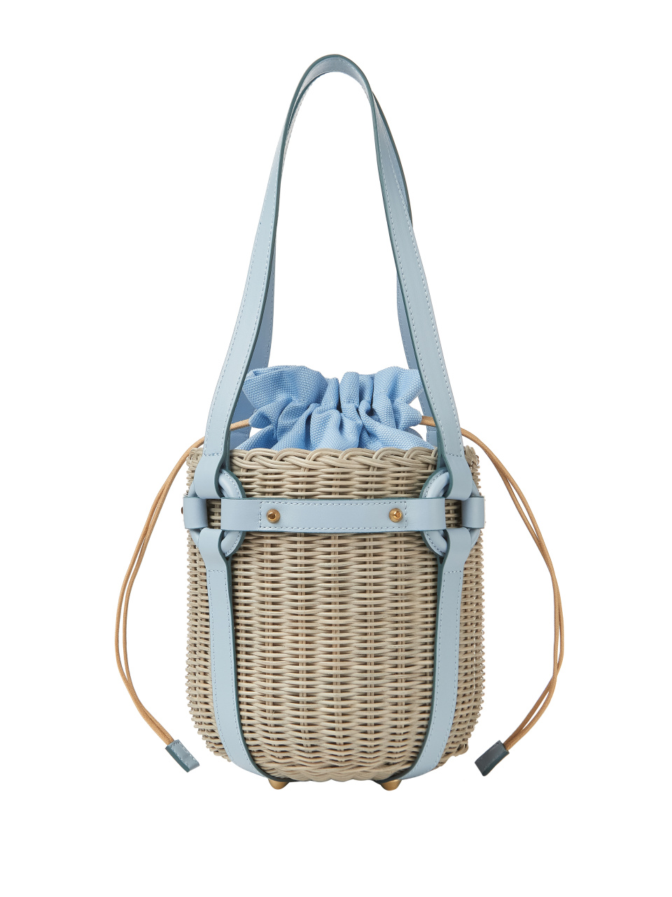 Плетеная сумка-ведро с голубой кожаной отделкой, 1